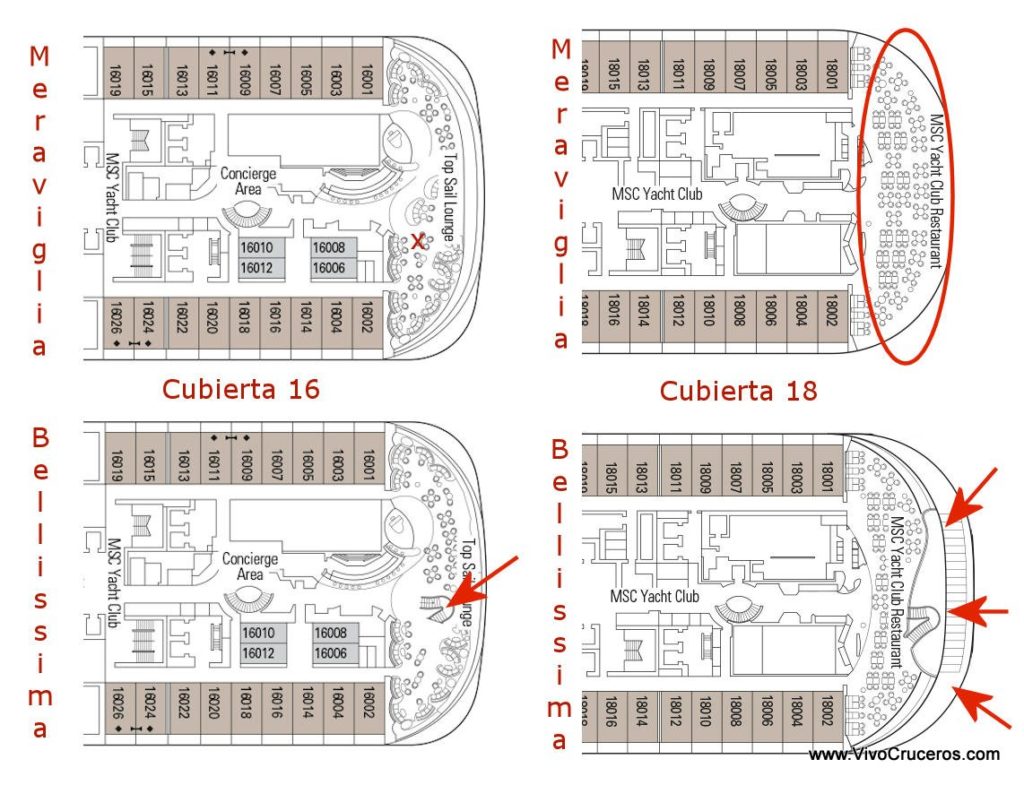 Comparativa zona Yacht Club MSC Meraviglia vs MSC Bellissima Cubiertas 16-18